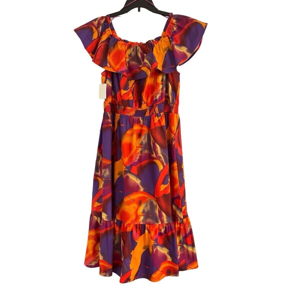 New NINE WEST Tropical Boho print Smocked Waist Off Shoulder Midi Dress Size XL - Picture 1 of 9